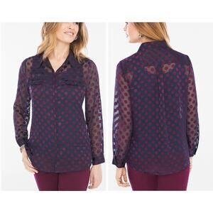 Chico's Women's Purple Metallic Luxe-Dot Print Button Front Sheer Shirt 1/Medium